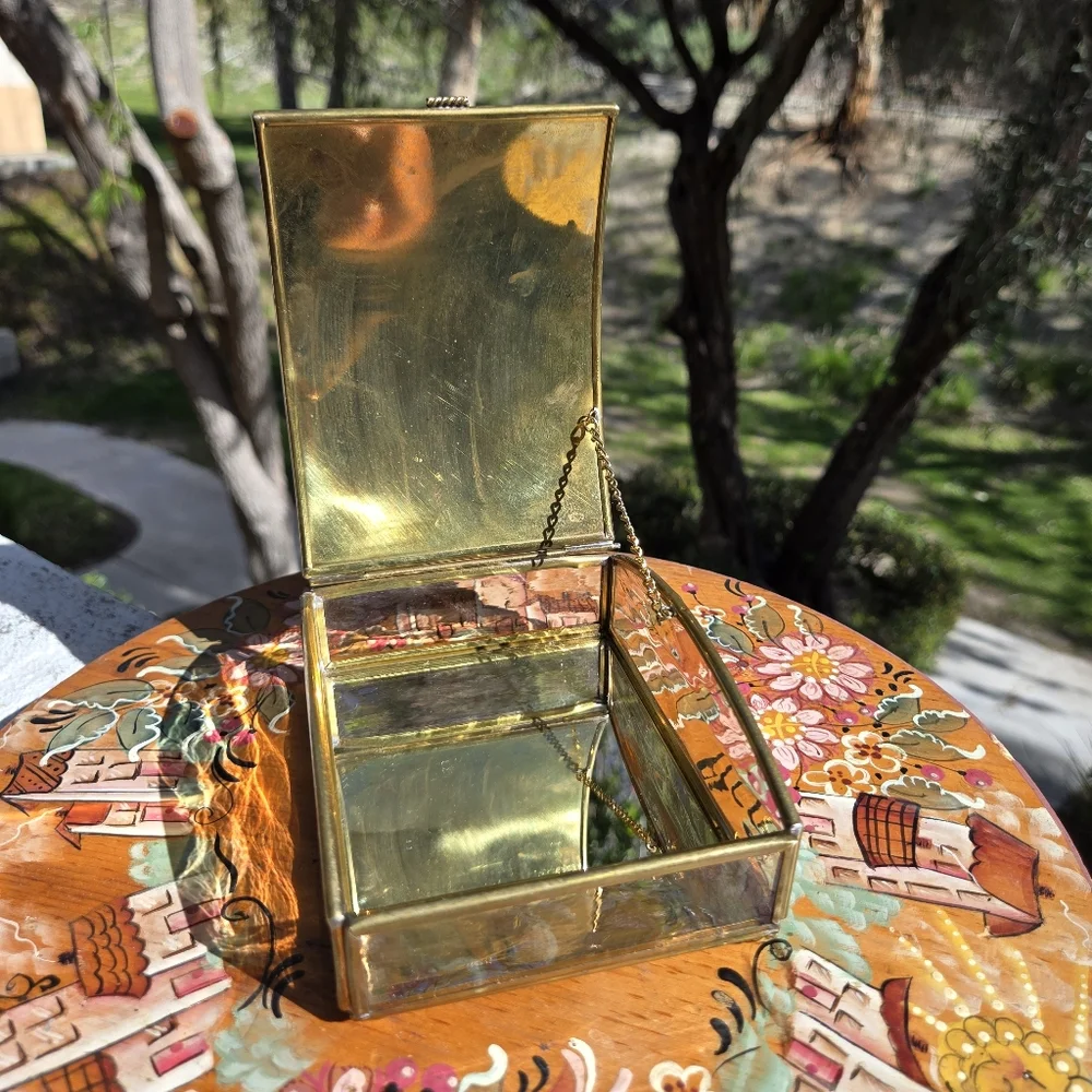 VTG Enesco Bride‎ Brass Trinket Box Hand Crafted Glass Made In MEXICO MCM
